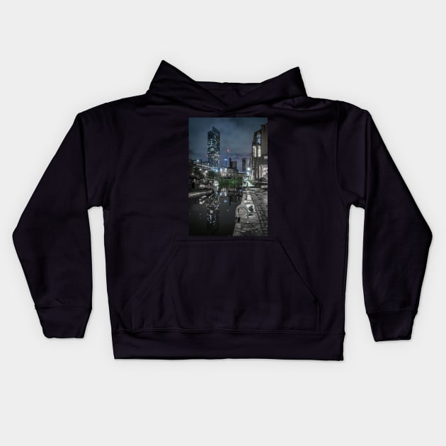 Rochdale Canal at Night with Beetham Tower Manchester Kids Hoodie by TonyNorth